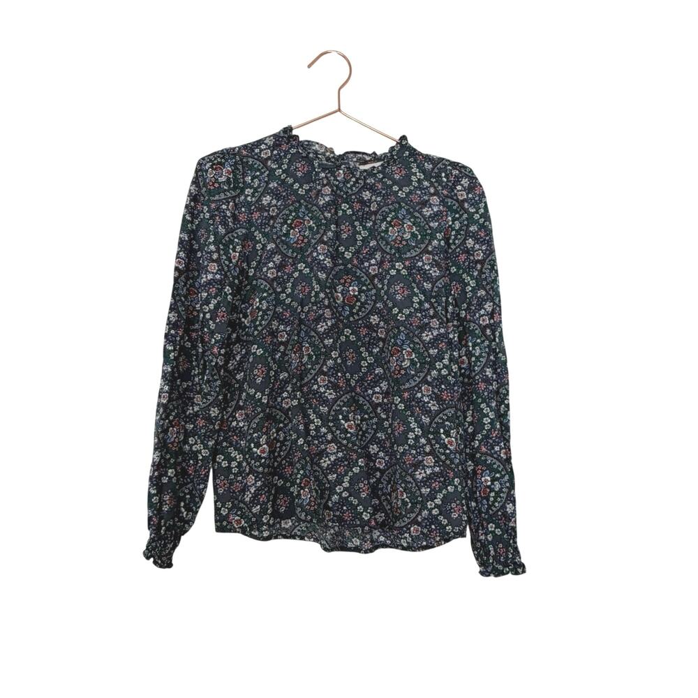 LOFT outlet Blue gray high ruffle neck Floral Long-Sleeve Blouse size XS